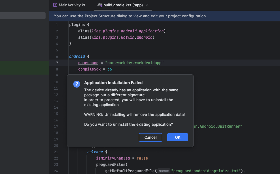 Debug install notification